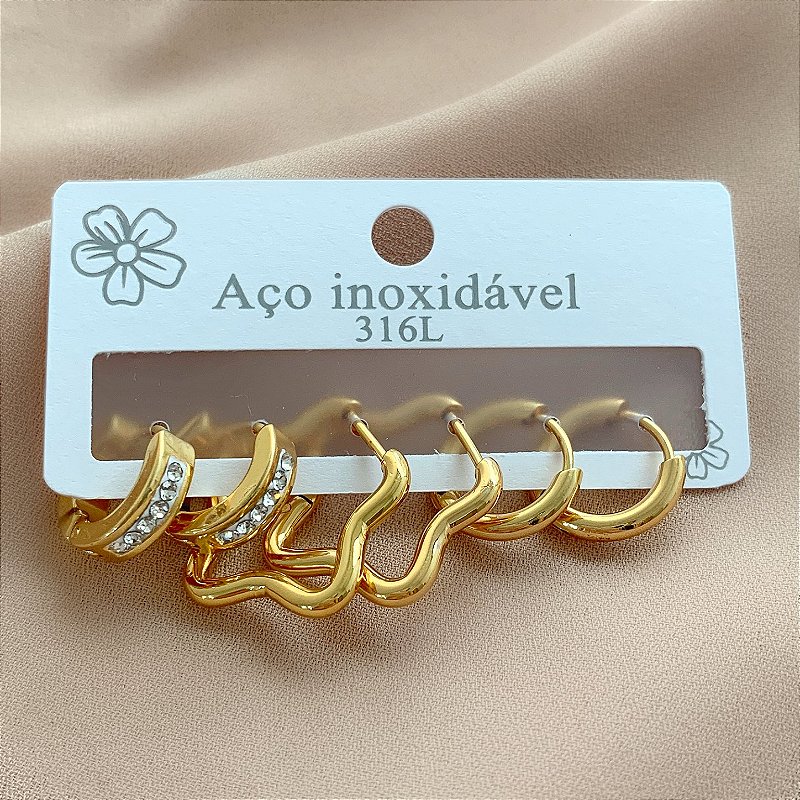 BRINCO KIT ARGOLINHAS ESTRELA E REDONDAS DOURADO AÇO 316L⭐️