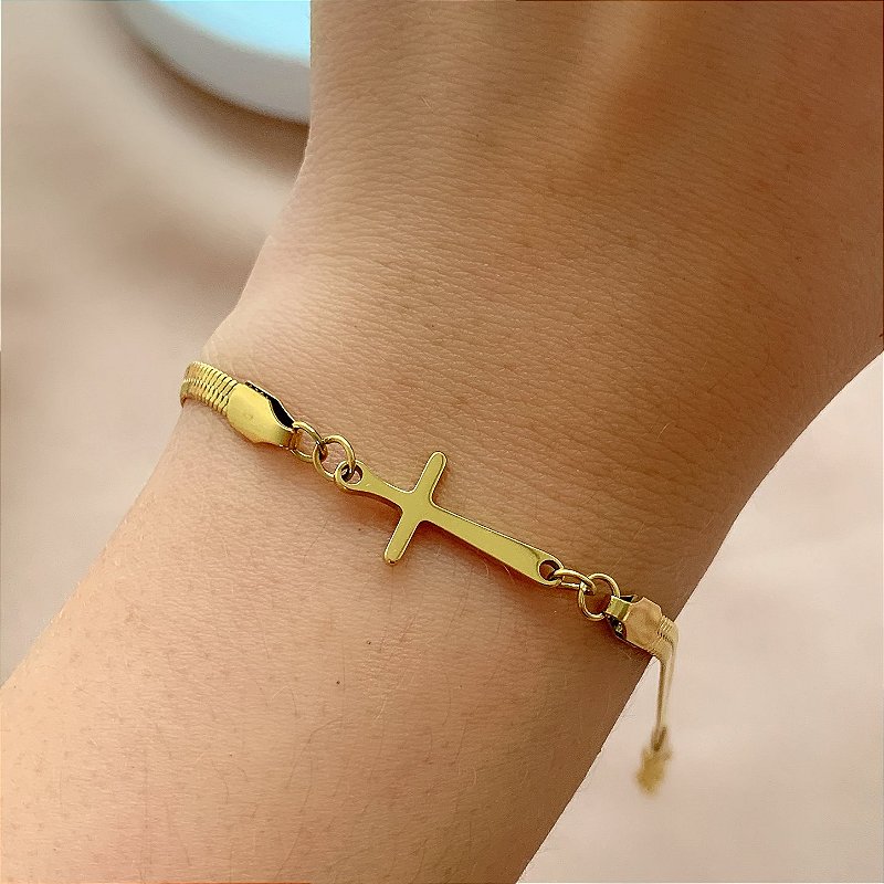 PULSEIRA FITA CRUZ DOURADO AÇO 316L⭐️