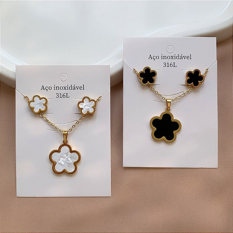 COLAR E BRINCO KIT FLOR MADREPÉROLA DOURADO AÇO 316L⭐️
