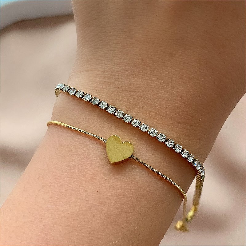 PULSEIRA DUPLA RIVIERA E CORAÇÃO DOURADO AÇO 316L⭐️
