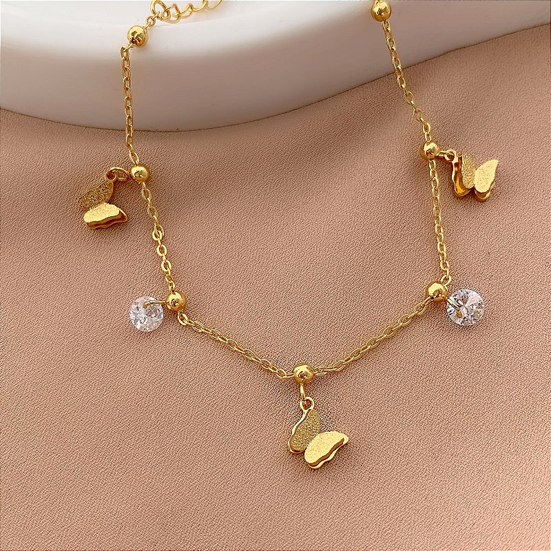 PULSEIRA BORBOLETAS E ZIRCÔNIAS DOURADO AÇO 316L⭐️