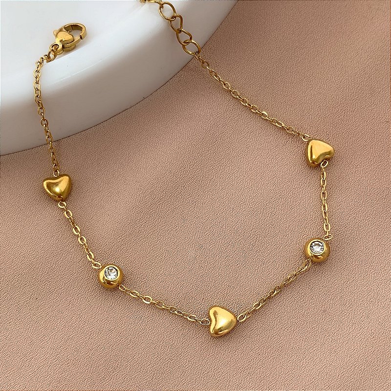 PULSEIRA MINI CORAÇÕES E PEDRINHAS DOURADO AÇO 316L⭐️