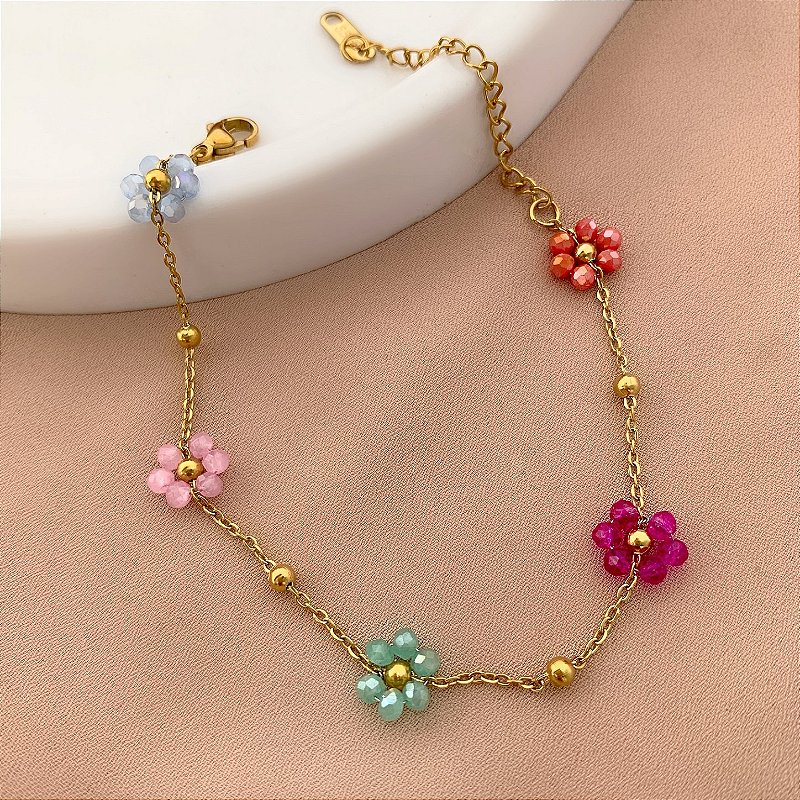 PULSEIRA FLORZINHA DE CRISTAIS COLORIDAS DOURADO AÇO 316L⭐️