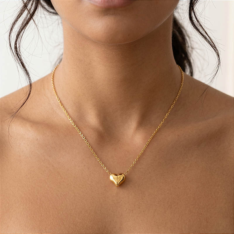 COLAR PINGENTE CORAÇÃO MÉDIO BOLEADO DOURADO AÇO 316L⭐️
