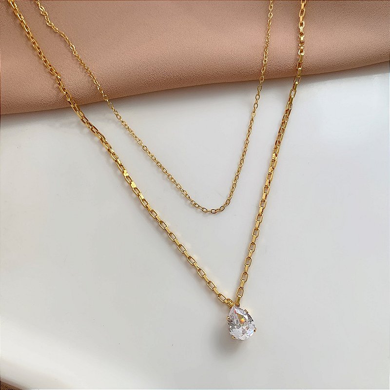 COLAR DUPLO CORRENTE E PINGENTE GOTA ZIRCÔNIA DOURADO AÇO 316L⭐️