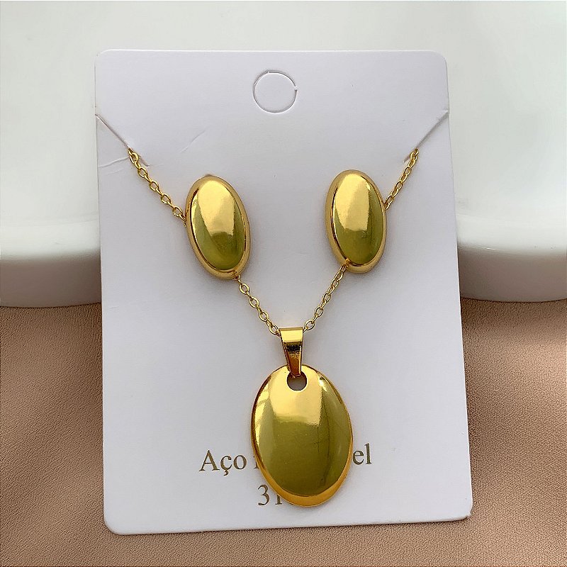 COLAR E BRINCO KIT OVAL DOURADO AÇO 316L⭐️