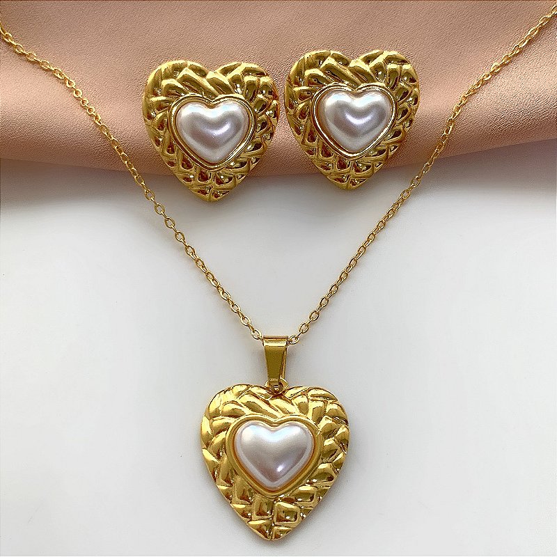 COLAR E BRINCO CORAÇÃO BORDA TEXTURIZADA E PÉROLA DOURADO AÇO 316L⭐️