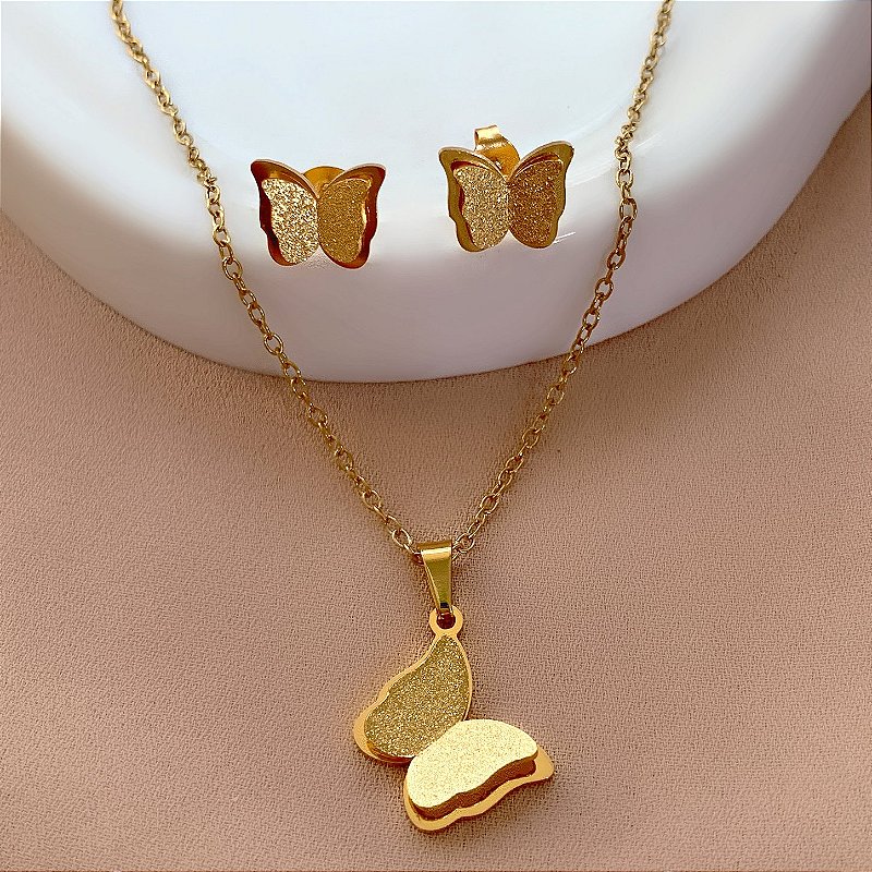 COLAR E BRINCO BORBOLETA DUPLO TEXTURIZADO DOURADO AÇO 316L⭐️