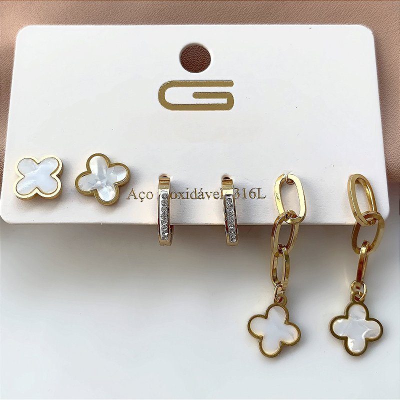 BRINCO KIT 3 PARES TREVINHOS MADREPÉROLA DOURADO AÇO 316L⭐️
