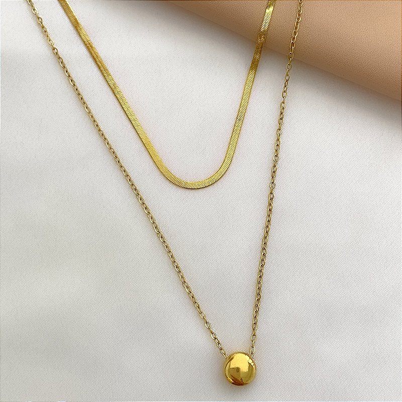 COLAR DUPLO FITA E BOLINHA DOURADO AÇO 316L⭐️
