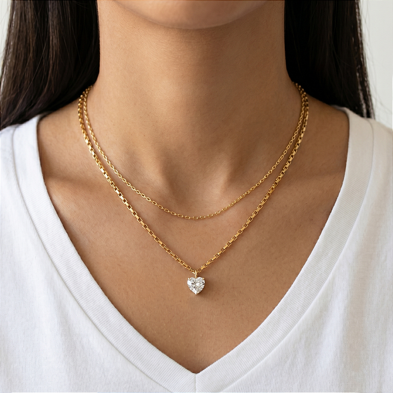 COLAR DUPLO CORRENTES E PINGENTE CORAÇÃO ZIRCÔNIA DOURADO AÇO 316L⭐️