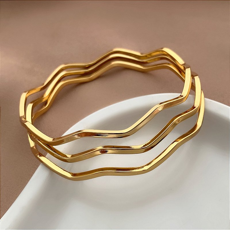 PULSEIRA KIT 3 AROS ONDULADOS DOURADO AÇO 316L⭐️