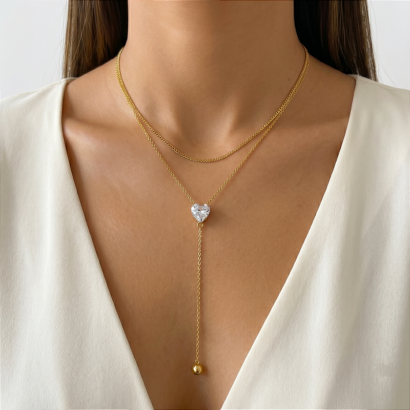 COLAR DUPLO ESTILO GRAVATINHA PEDRA CORAÇÃO ZIRCÔNIA DOURADO AÇO 316L⭐️