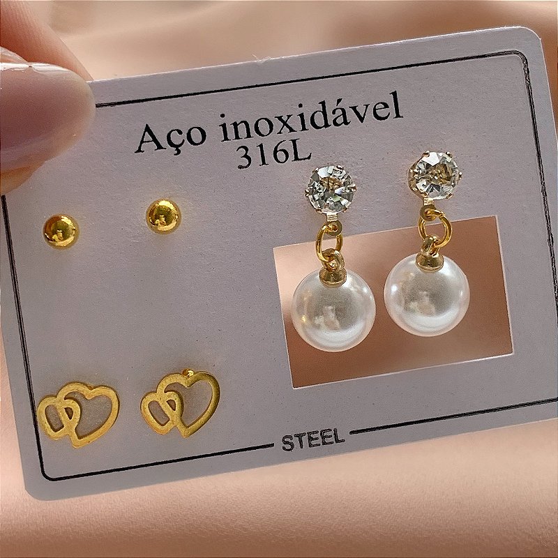 BRINCO KIT CORAÇÕES E PÉROLA DOURADO AÇO 316L⭐️