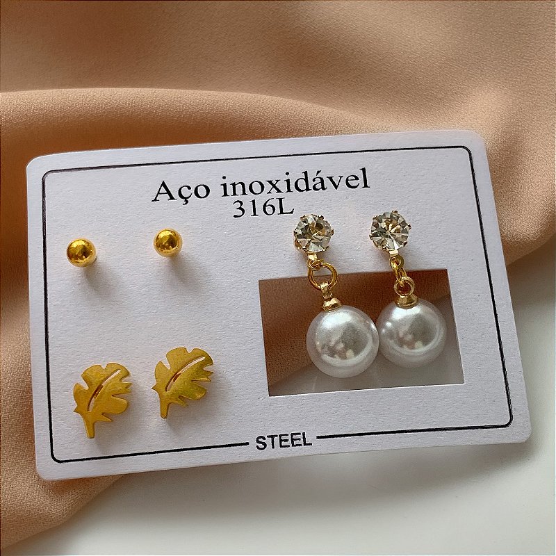 BRINCO KIT FOLHA E PÉROLA DOURADO AÇO 316L⭐️