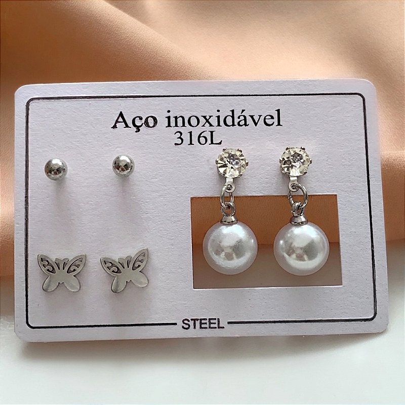 BRINCO KIT BORBOLETA E PÉROLA AÇO 316L⭐️