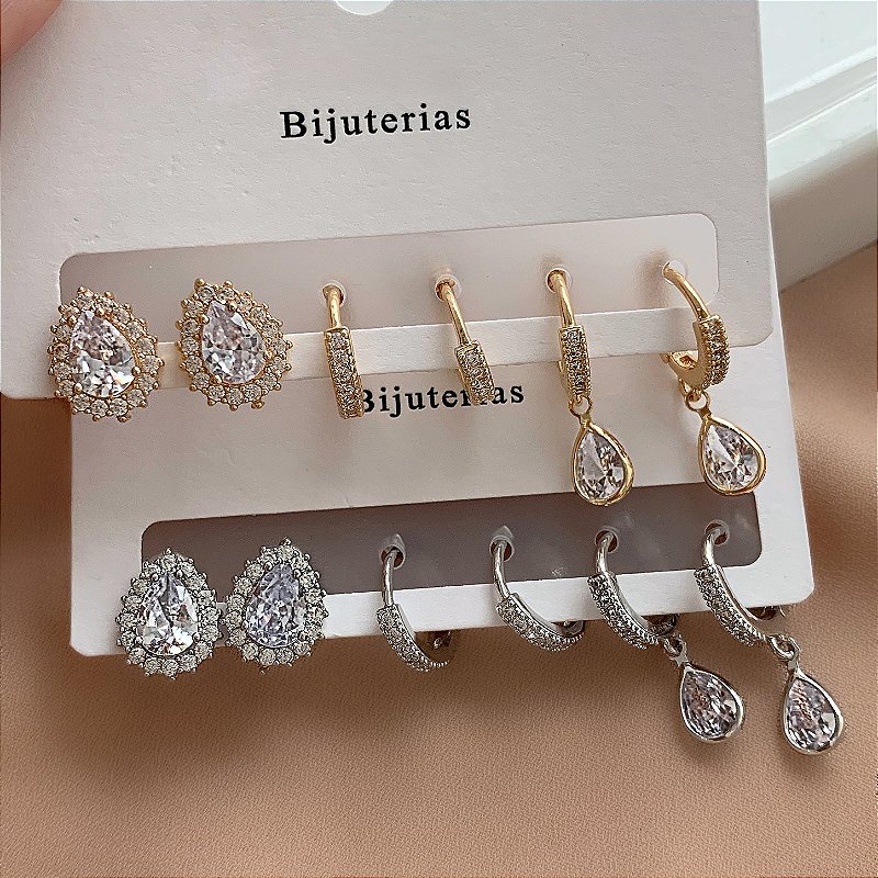 BRINCO KIT ARGOLINHAS GOTA ZIRCÔNIAS BIJU