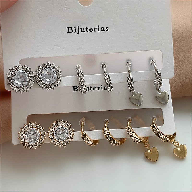BRINCO KIT ARGOLINHAS ZIRCÔNIAS E CORAÇÃO BIJU