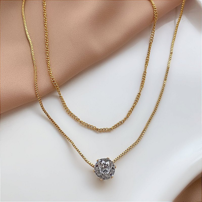COLAR DUPLO CORRENTE E PINGENTE ZIRCÔNIA DOURADO AÇO 316L⭐️
