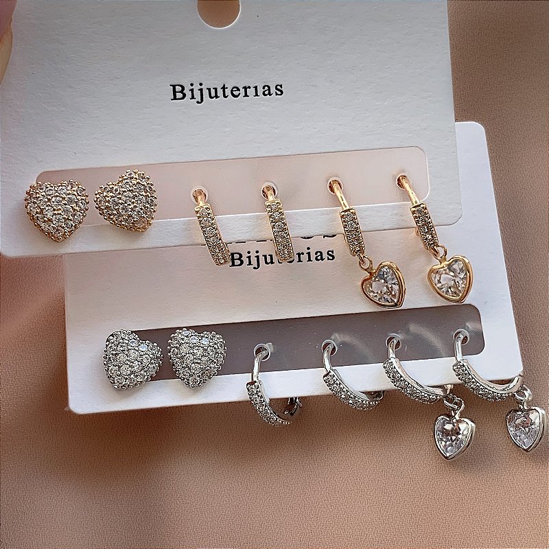 BRINCO KIT ARGOLINHAS ZIRCÔNIAS E CORAÇÃO MAJU BIJU