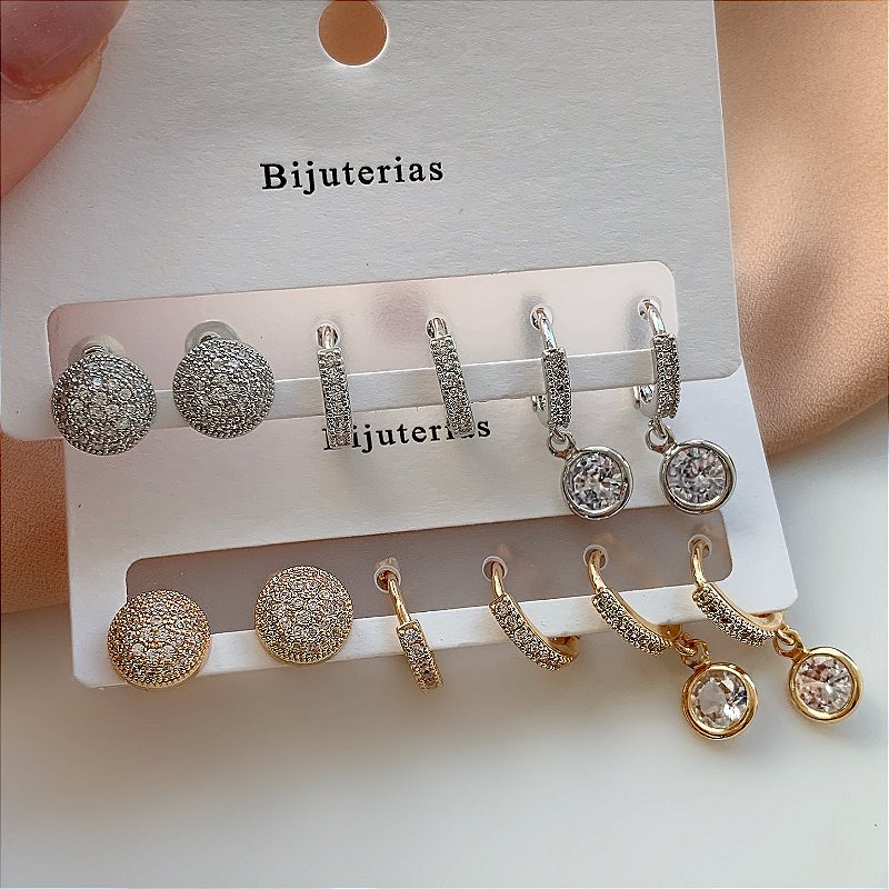 BRINCO KIT ARGOLINHAS CRAVEJADAS LUNA BIJU
