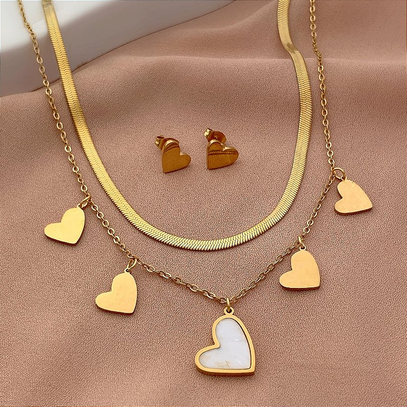 COLAR E BRINCO CORAÇÃO MADREPÉROLA DOURADO AÇO 316L⭐️