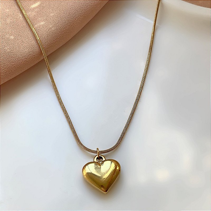 COLAR CORRENTE RABO DE RATO PINGENTE CORAÇÃO BOLEADO DOURADO AÇO 316L⭐️