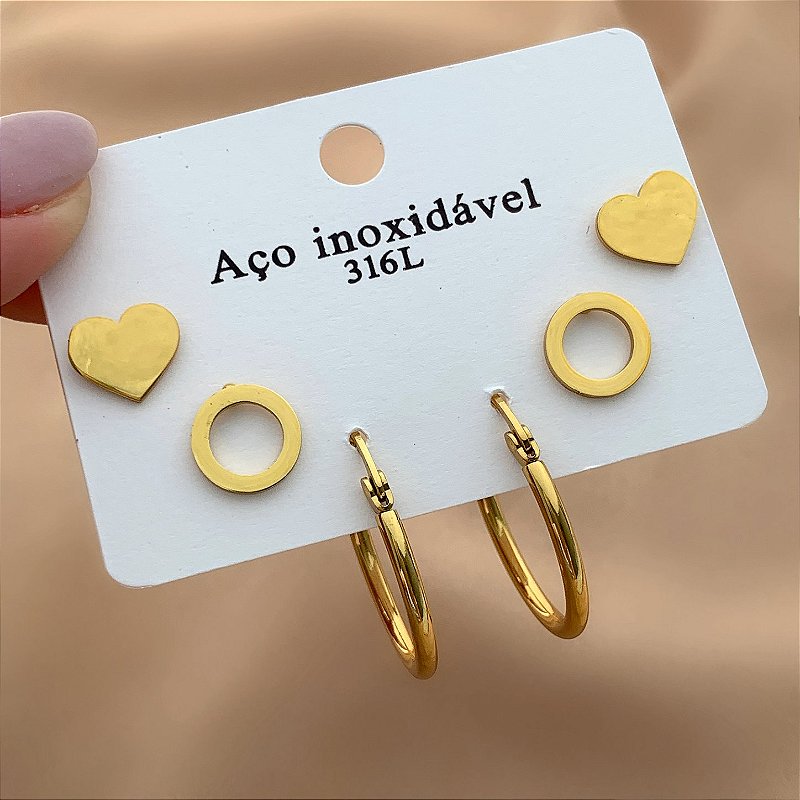 BRINCO KIT 3 PARES ARGOLA E CORAÇÃO DOURADO AÇO 316L⭐️
