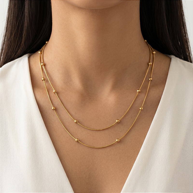 COLAR DUPLO CORRENTE LISA COM MINI BOLINHAS DOURADO AÇO 316L⭐️