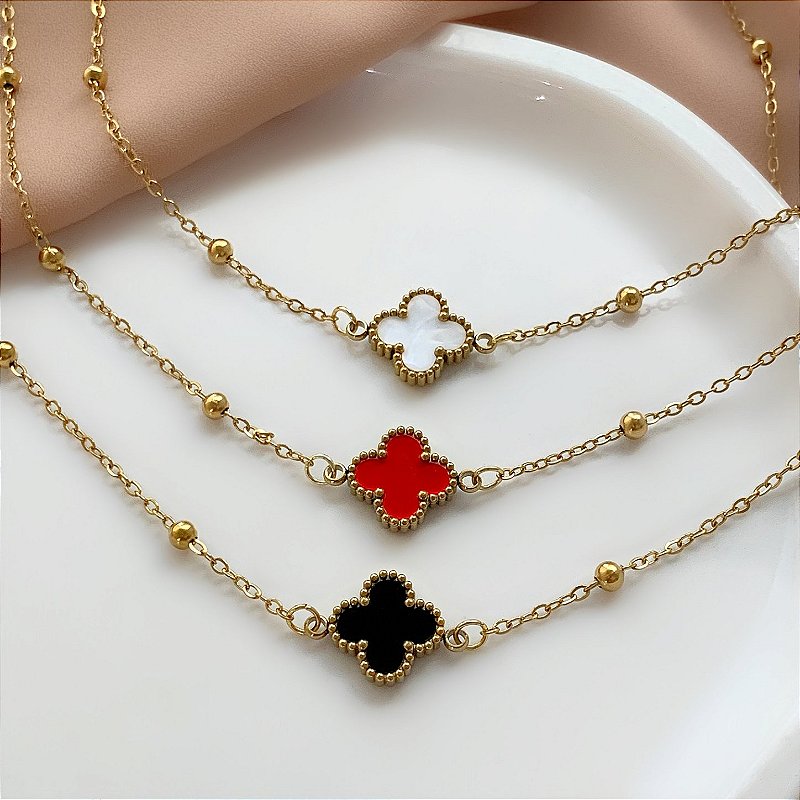COLAR CORRENTE BOLINHA PINGENTE TREVO ESMALTADO DOURADO AÇO 316L⭐️