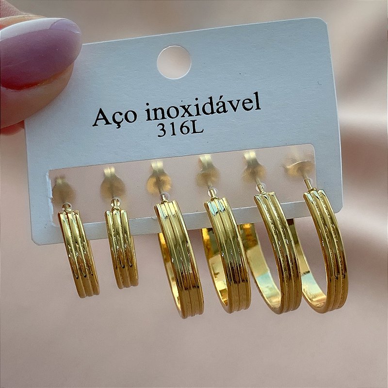 BRINCO KIT ARGOLAS FIO ACHATADO RISCADO DOURADO AÇO 316L⭐️