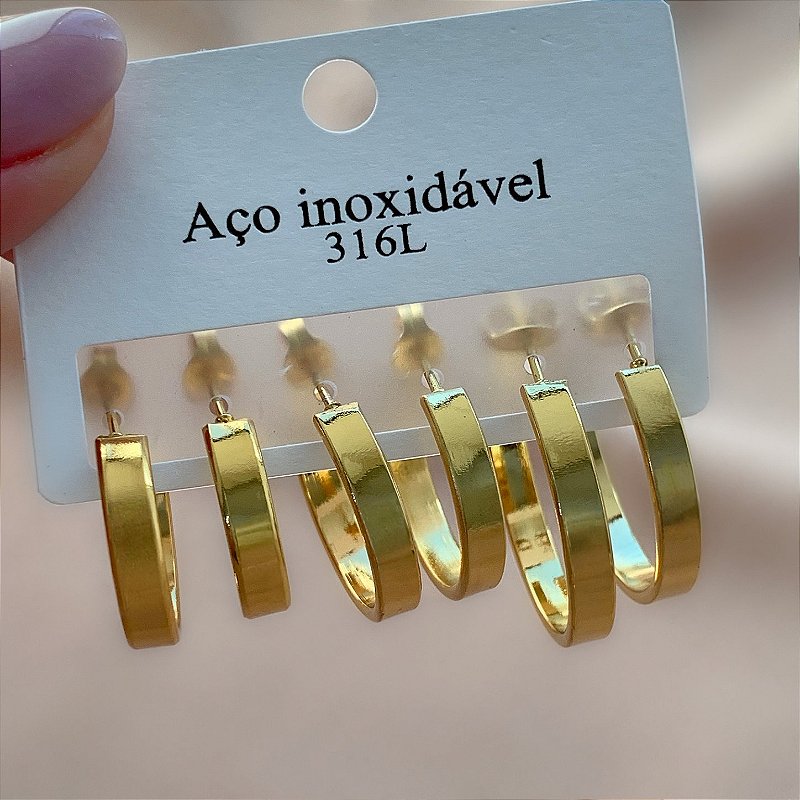 BRINCO KIT ARGOLAS FIO ACHATADO LISO DOURADO AÇO 316L⭐️