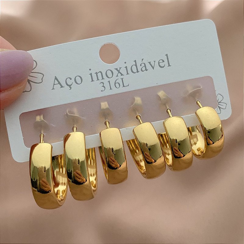 BRINCO KIT ARGOLAS LISAS CLÁSSICAS LARGAS DOURADO AÇO 316L⭐️