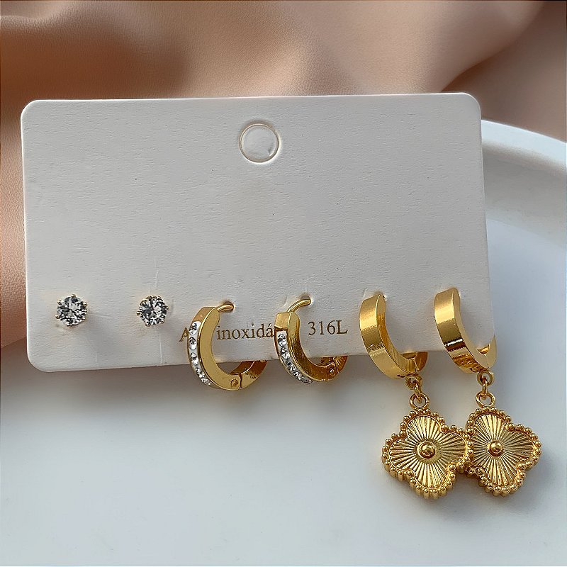 BRINCO KIT ARGOLINHA, PONTO DE LUZ E TREVO DOURADO AÇO 316L⭐️