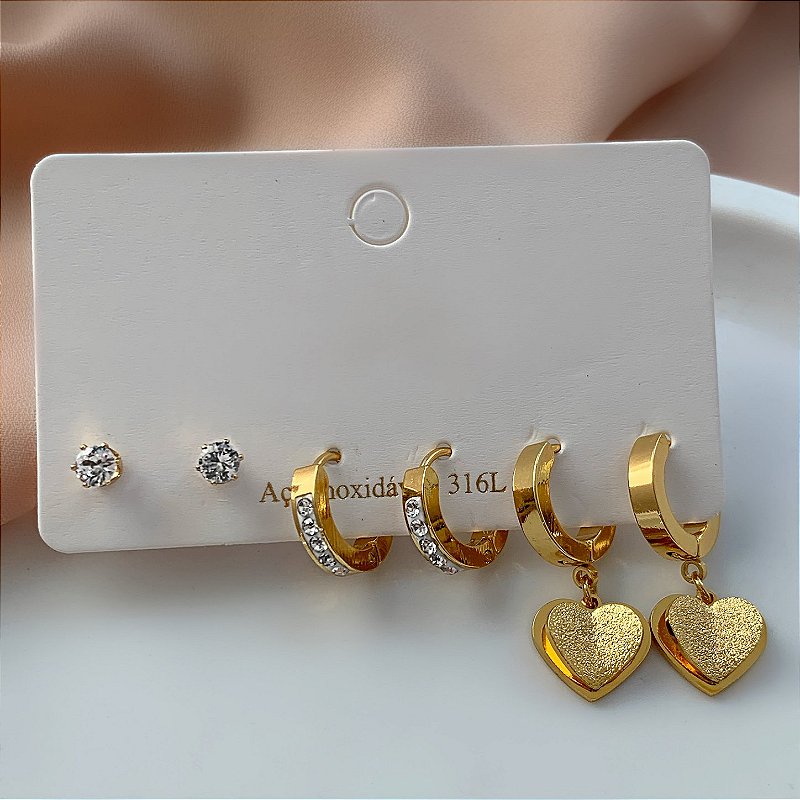 BRINCO KIT ARGOLINHA, PONTO DE LUZ E CORAÇÃO DOURADO AÇO 316L⭐️