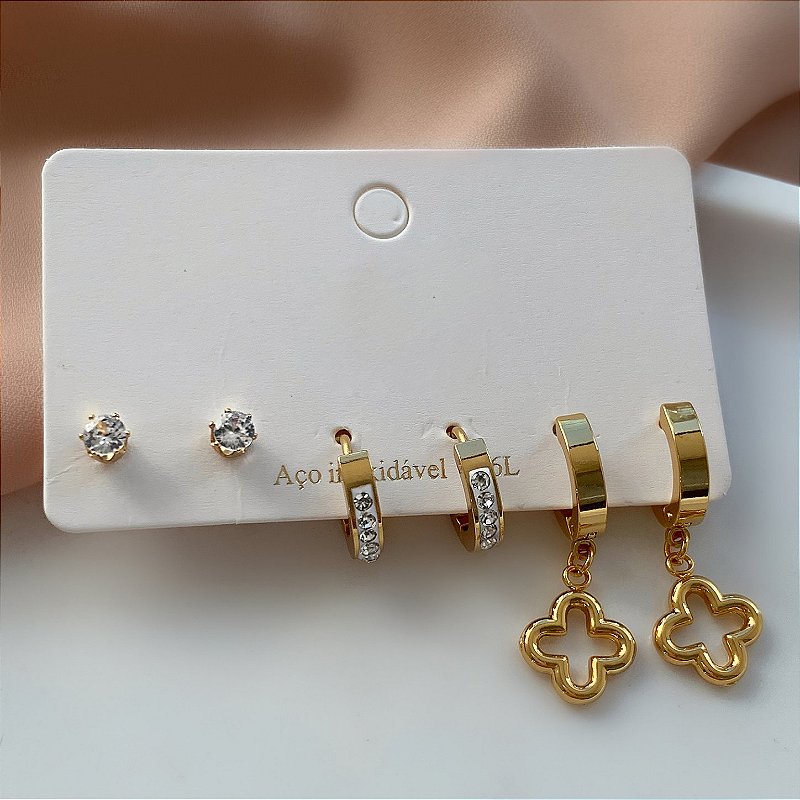 BRINCO KIT ARGOLINHA, PONTO DE LUZ E TREVO VAZADO DOURADO AÇO 316L⭐️