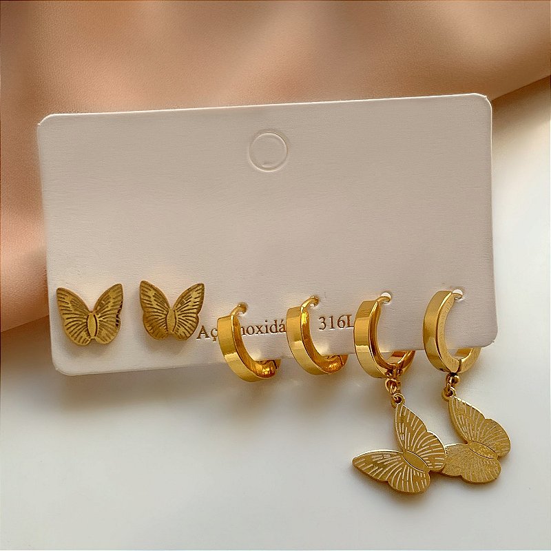 BRINCO KIT ARGOLINHAS BORBOLETINHAS DOURADO AÇO 316L⭐️