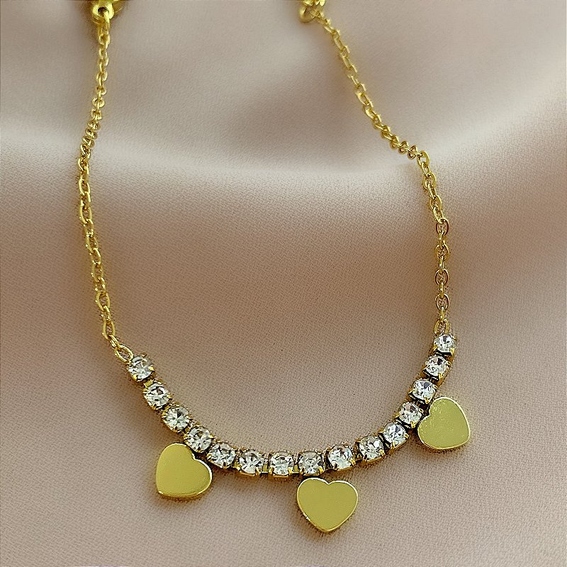 PULSEIRA DELICADA FIO ZIRCÔNIAS E CORAÇÕES DOURADO AÇO 316L⭐️