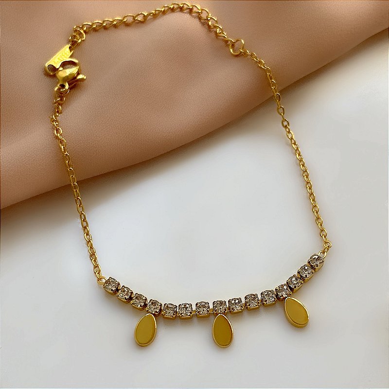 PULSEIRA DELICADA FIO ZIRCÔNIAS E GOTINHAS DOURADO AÇO 316L⭐️