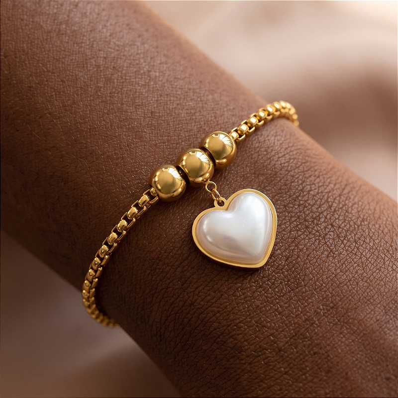 PULSEIRA VENEZIANA GROSSA PINGENTE CORAÇÃO PÉROLA DOURADO AÇO 316L⭐️