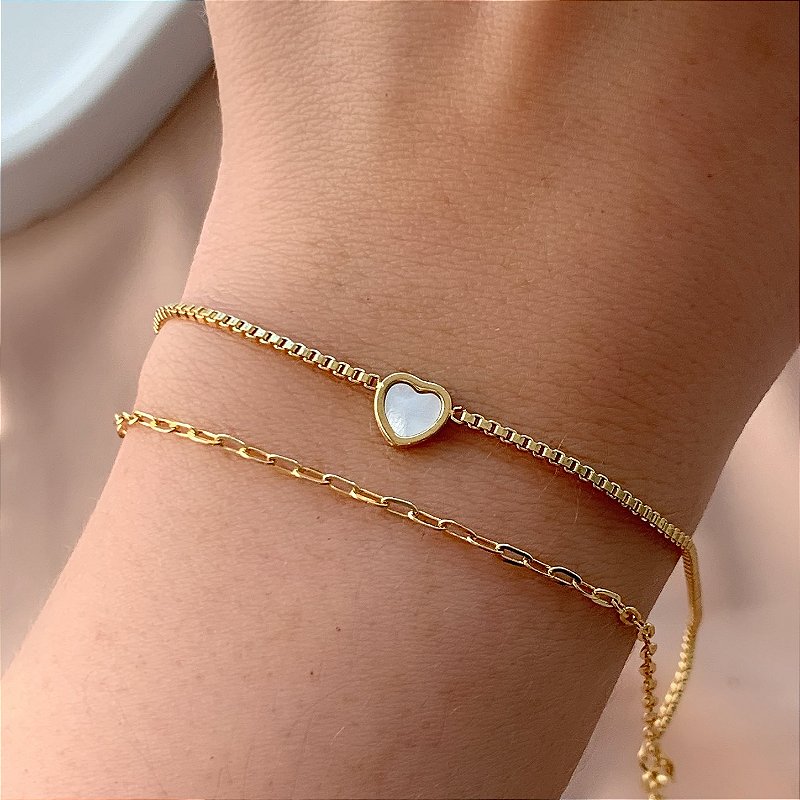 PULSEIRA DUPLA DELICADA MINI CORAÇÃO MADREPÉROLA DOURADO AÇO 316L⭐️