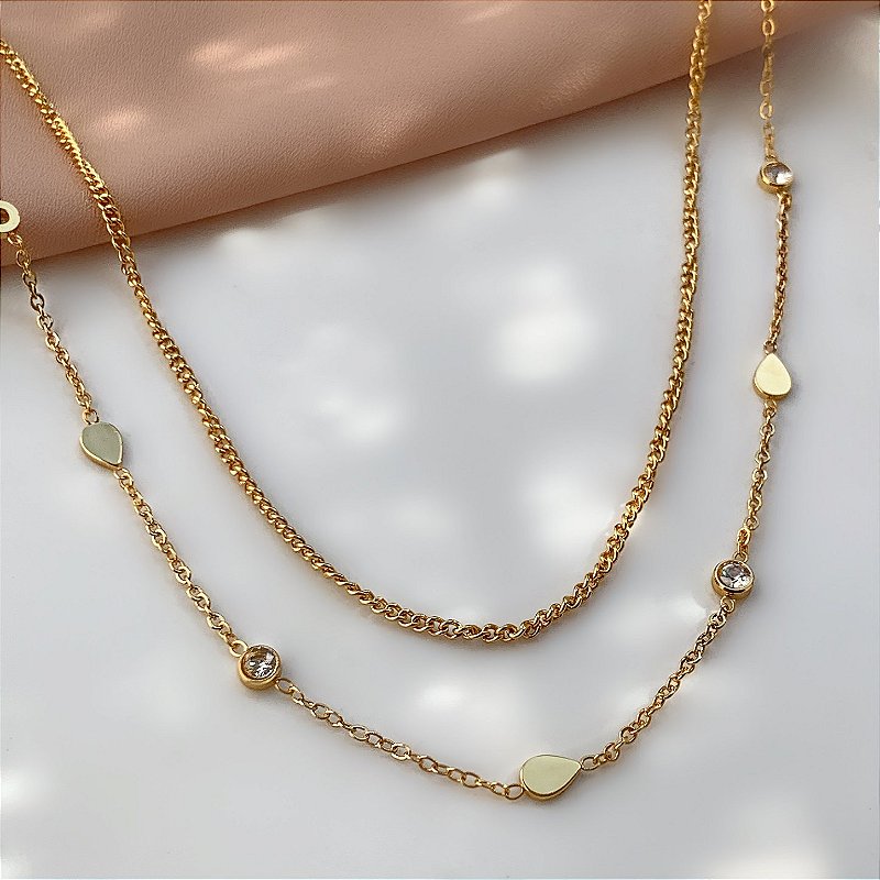 COLAR DELICADO DUPLO MINI GOTAS E ZIRCÔNIAS DOURADO AÇO 316L⭐️