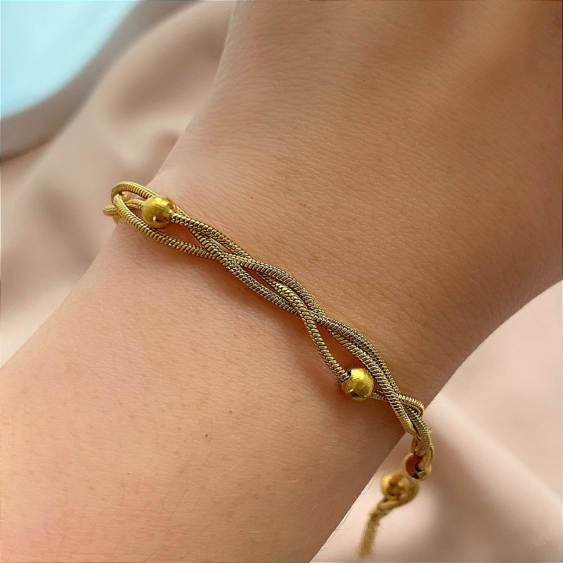 PULSEIRA FIO TRANÇADO COM BOLINHAS DOURADO AÇO 316L⭐️