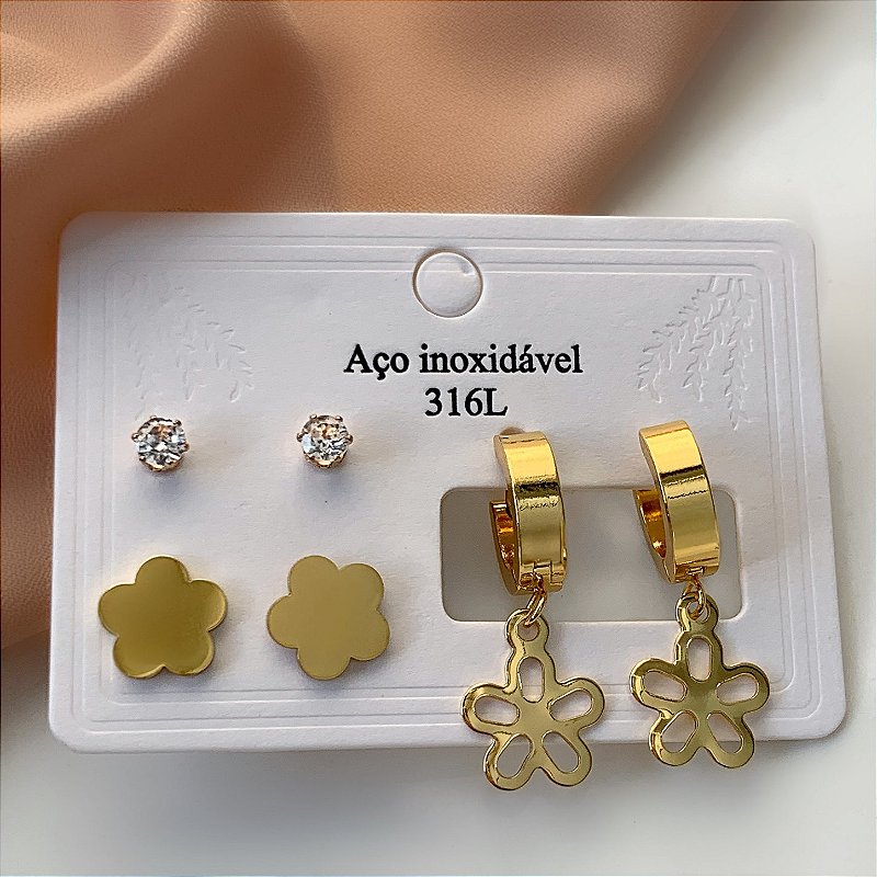 BRINCO KIT FLORZINHA EPONTO DE LUZ DOURADO AÇO 316L⭐️