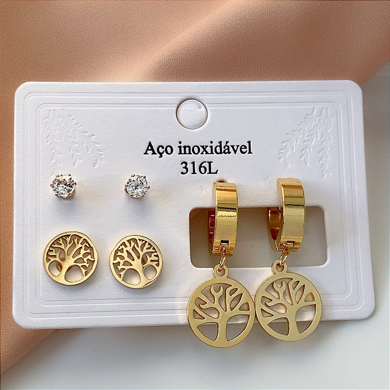 BRINCO KIT ÁRVORE DA VIDA DOURADO AÇO 316L⭐️
