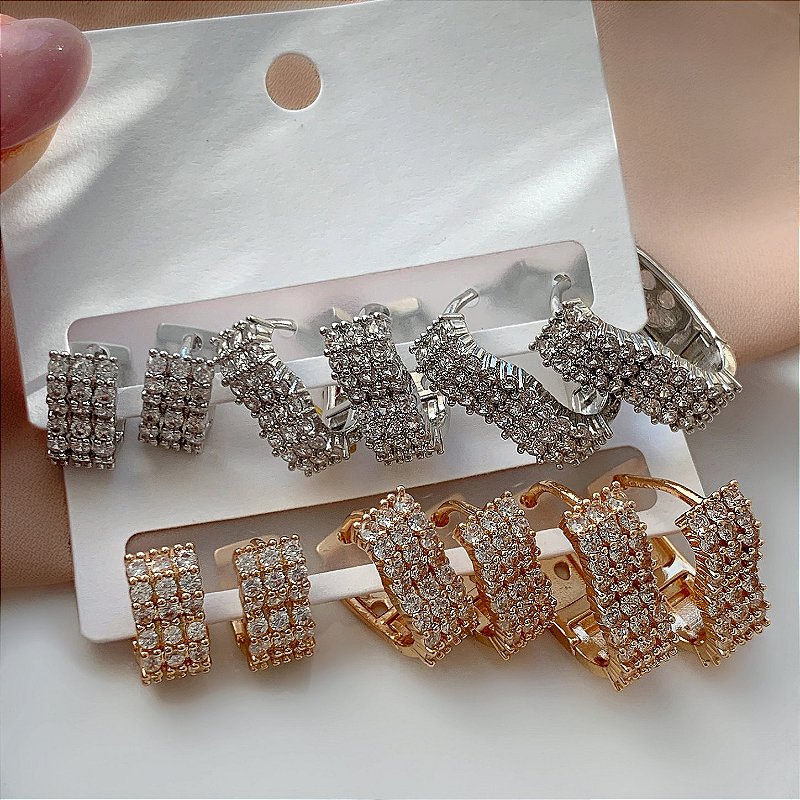 BRINCO KIT ARGOLAS CORAÇÕES 3 FILEIRAS DE ZIRCÔNIAS BIJU