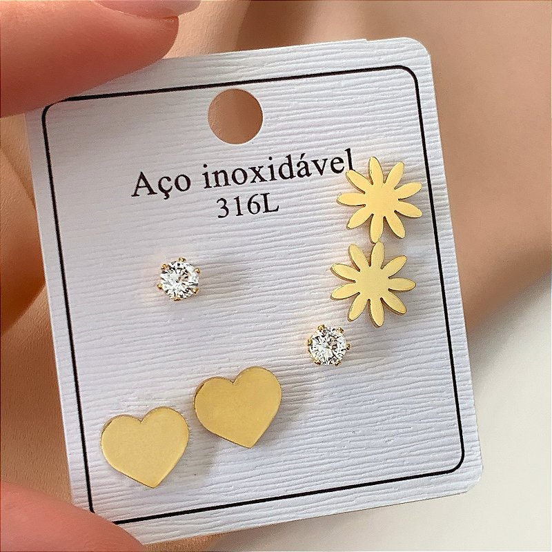 BRINCO KIT FLOR, CORAÇÃO E PONTO DE LUZ ZIRCÔNIA DOURADO AÇO 316L⭐️