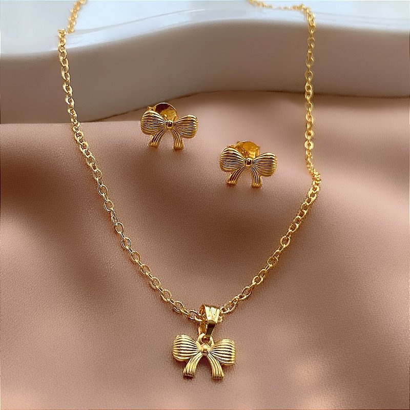 COLAR E BRINCO KIT INFANTIL LACINHO FOLHEADO A OURO 18K⭐