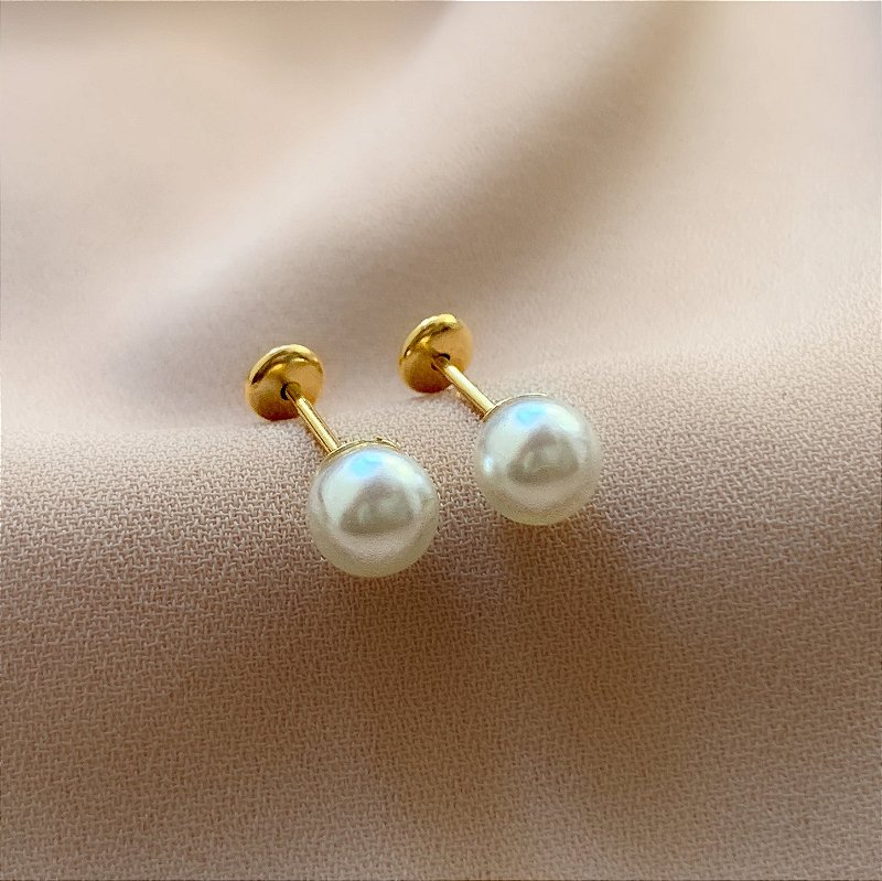 BRINCO PÉROLA M TARRAXA BABY FOLHEADO A OURO 18K⭐
