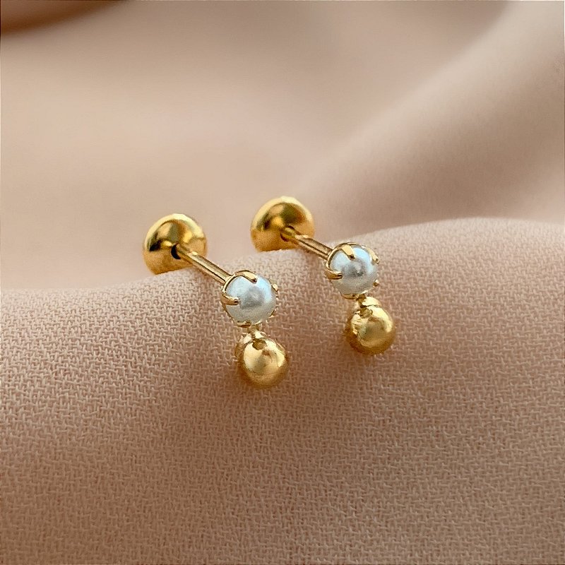 BRINCO PÉROLA MINI E BOLINHA TARRAXA BABY FOLHEADO A OURO 18K⭐